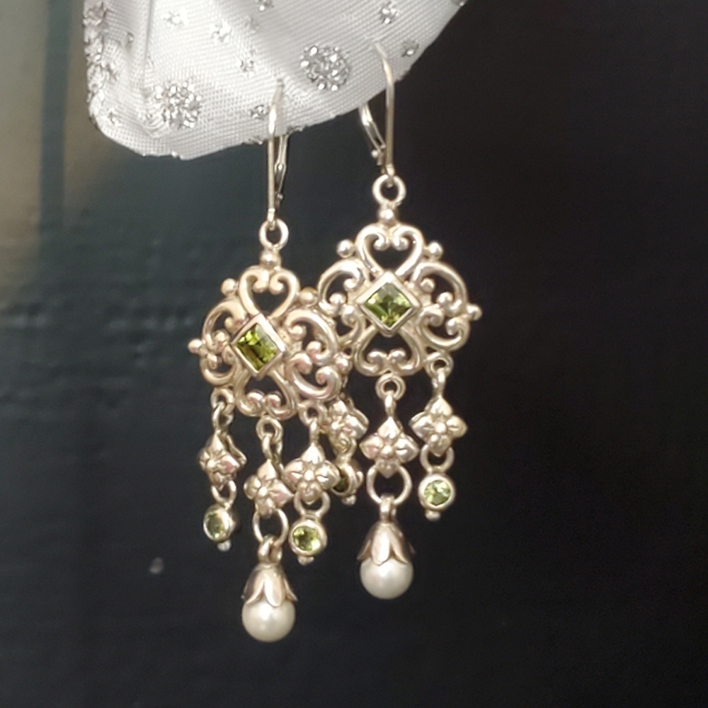 Sterling Silver Chandelier Earrings with Peridots and Pearls - Picture 6 of 16